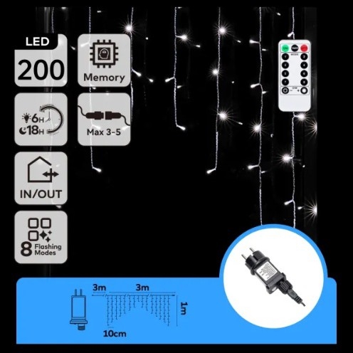 Aigostar - Cadena de luces navideñas LED para exterior 200 LED/6W/230V/8 funciones 3x1m IP44 blanco frío + mando a distancia