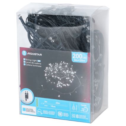 Aigostar - Guirnalda LED navideña para exterior, 200 LEDs / 8 funciones, 20 m, IP44, blanco frío