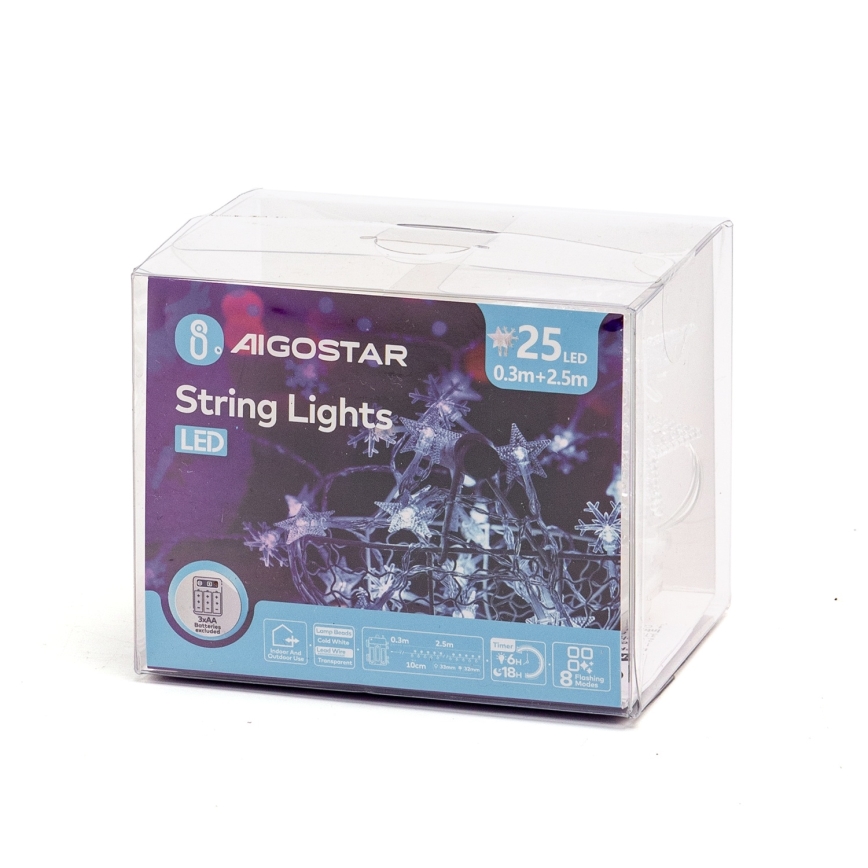 Aigostar - Guirnalda de luces LED para exterior, 25 LEDs, 8 funciones, 3xAA, 2,5 m, IP44, blanco frío