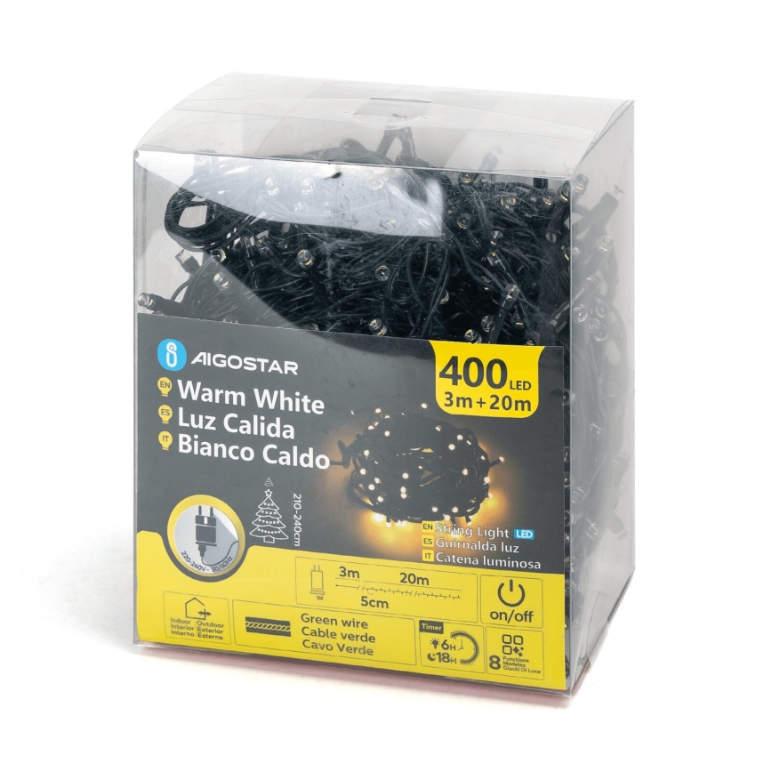 Aigostar - Cadena de luces navideñas LED para exterior, 400 LED, 8 funciones, 23 m, IP44, blanco cálido
