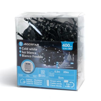 Aigostar - Guirnalda navideña LED para exterior, 400 LEDs, 8 modos, 4 pilas AA, 20,3 m, IP44, blanco frío