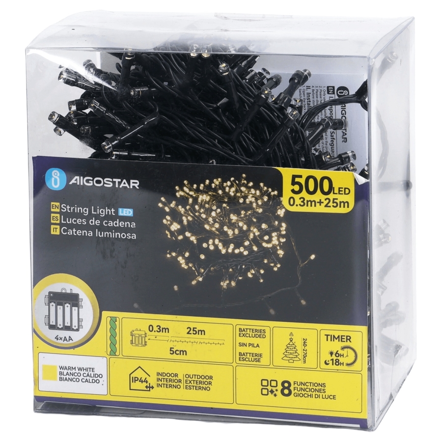 Aigostar - Guirnalda navideña LED para exteriores 500 LEDs/8 funciones 4x AA 25,3 m IP44 blanco cálido