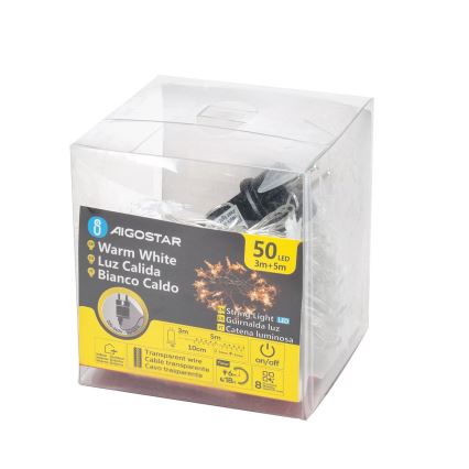 Aigostar - Cadena de luces navideñas LED para exterior 50xLED/8 funciones 8m IP44 blanco cálido