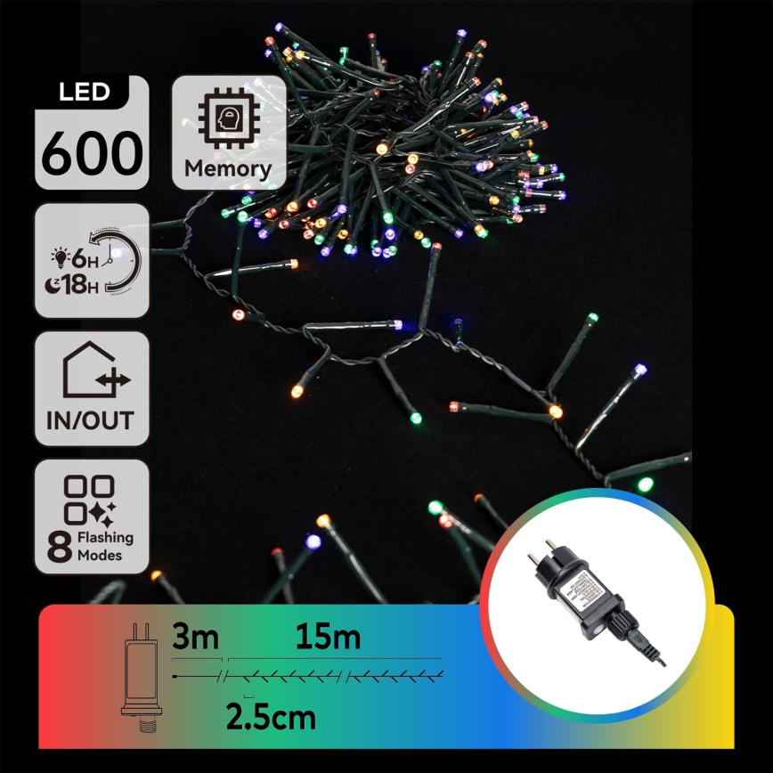 Aigostar - Cadena de luces navideñas LED para exterior, 600 LEDs / 8 funciones, 18 m, IP44, multicolor
