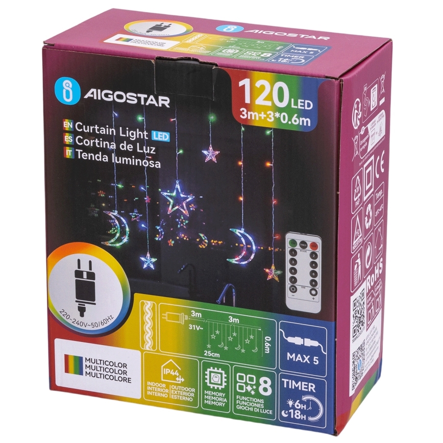 Aigostar - LED RGBY Guirnalda de exterior 120xLED/8 funciones 3x0,6m IP44 multicolor + mando a distancia