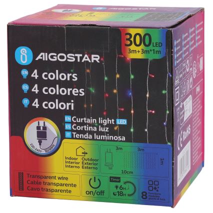 Aigostar - LED RGBY Guirnalda de luces navideñas para exterior 300 LEDs/8 funciones 3x1m IP44 + control remoto