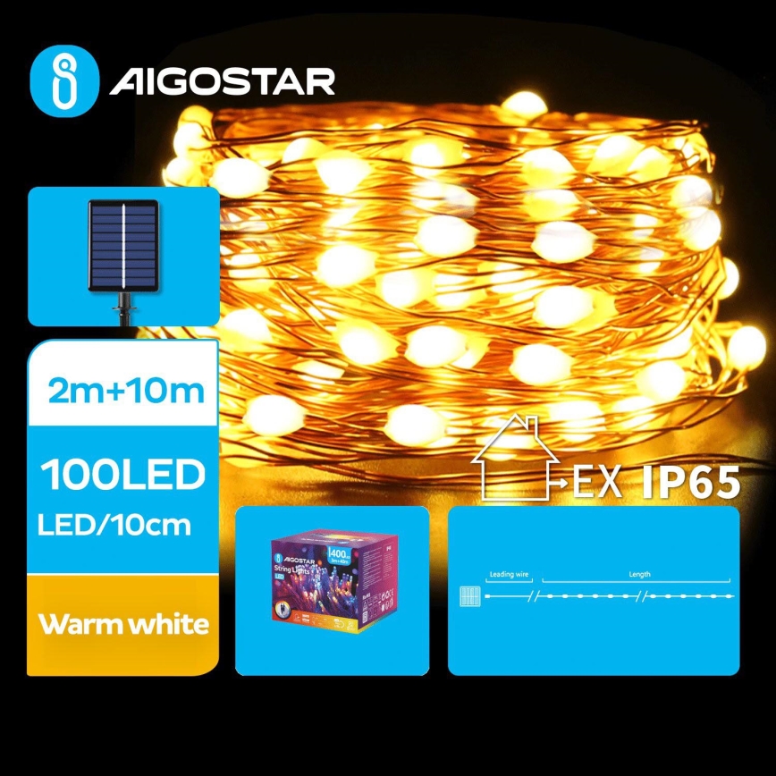 Aigostar - Cadena de luces navideñas solares LED 100xLED/8 funciones 12m 800 mAh IP65 blanco cálido