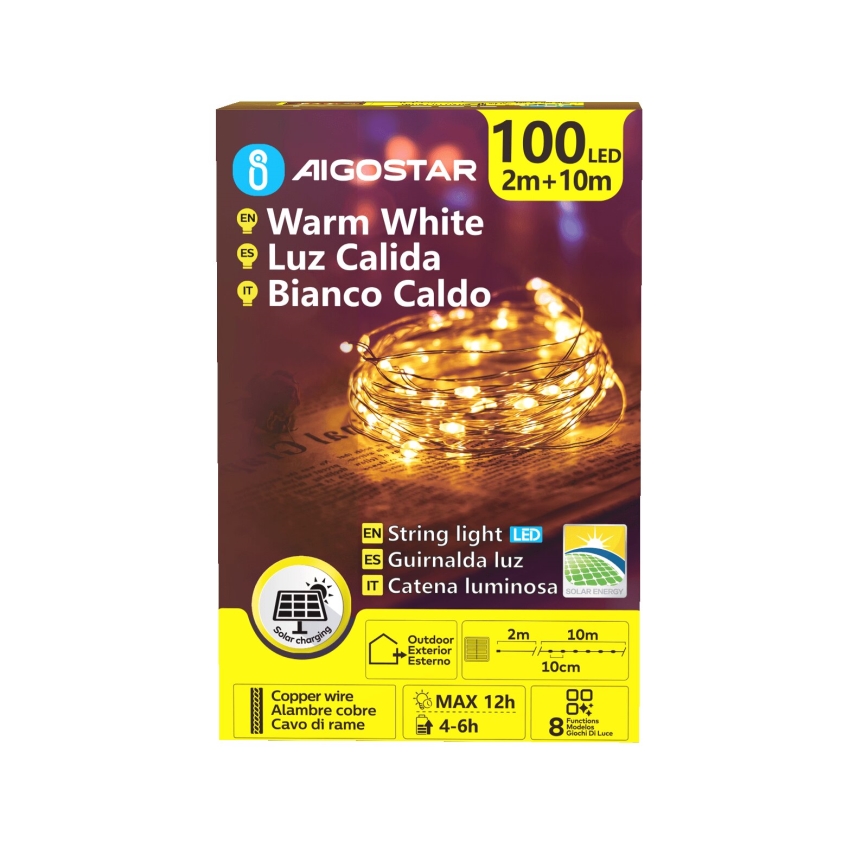 Aigostar - Cadena de luces navideñas solares LED 100xLED/8 funciones 12m 800 mAh IP65 blanco cálido