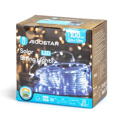 Aigostar - Cadena de luces navideñas solares LED 100xLED/8 funciones 12m IP65 blanco frío 800 mAh