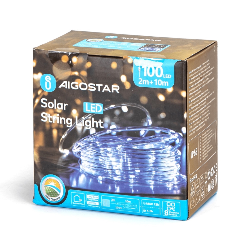 Aigostar - Cadena de luces navideñas solares LED 100xLED/8 funciones 12m IP65 blanco frío 800 mAh
