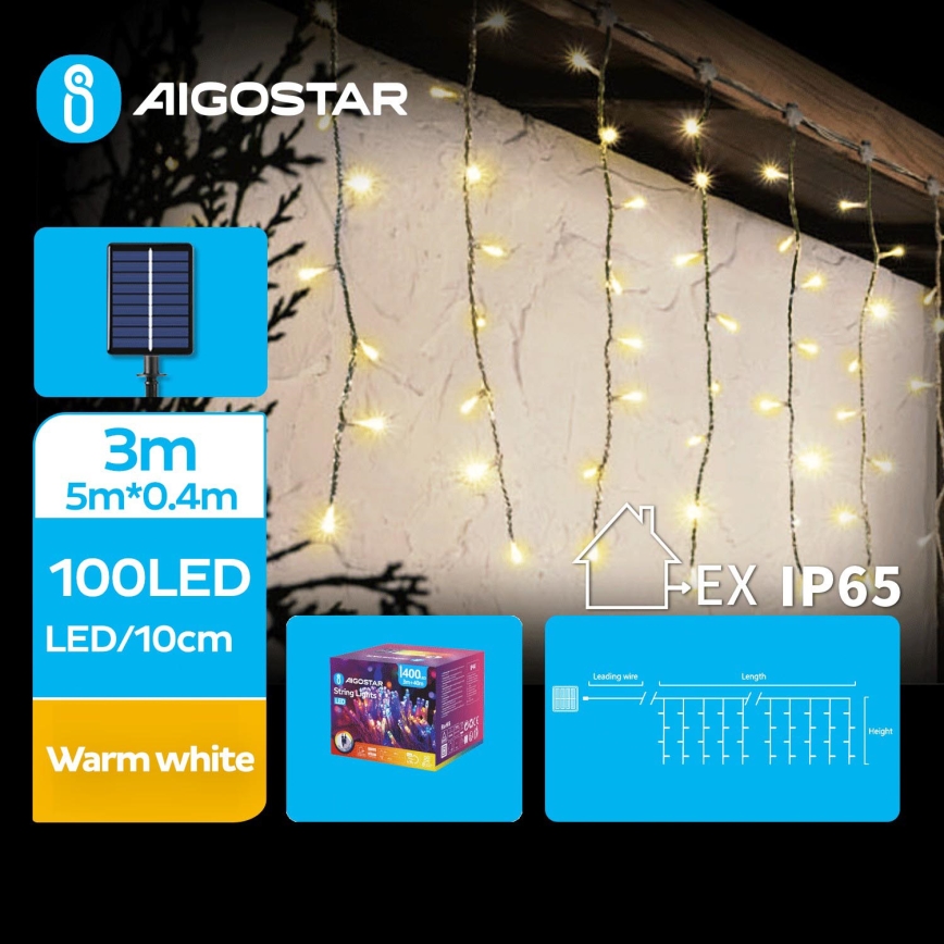 Aigostar - Cadena de luces navideñas solares LED 100xLED/8 funciones 8x0,4m IP65 blanco cálido 800 mAh