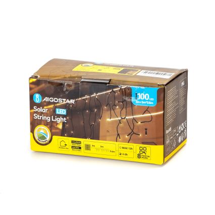 Aigostar - Cadena de luces navideñas solares LED 100xLED/8 funciones 8x0,6m 800 mAh IP65 blanco cálido