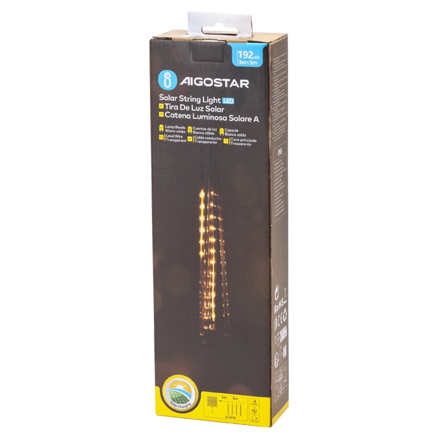 Aigostar - Cadena de luces navideñas solares LED 192xLED/8m IP65 1200 mAh blanco cálido