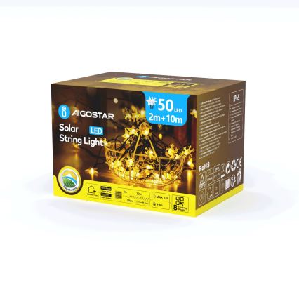 Aigostar - Cadena de luces navideñas solares LED 50xLED/8 funciones 12m 800mAh IP65 blanco cálido