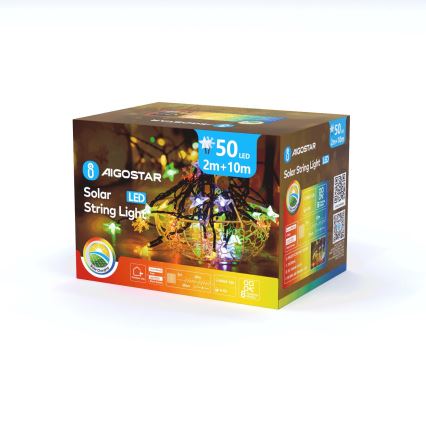 Aigostar - Cadena de luces navideñas solares LED 50xLED/8 funciones 800 mAh 12m IP65 multicolor