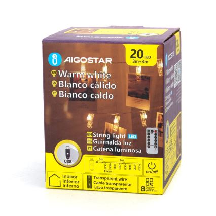 Aigostar - Cadena decorativa LED 20xLED/5W/USB 6 m blanco cálido