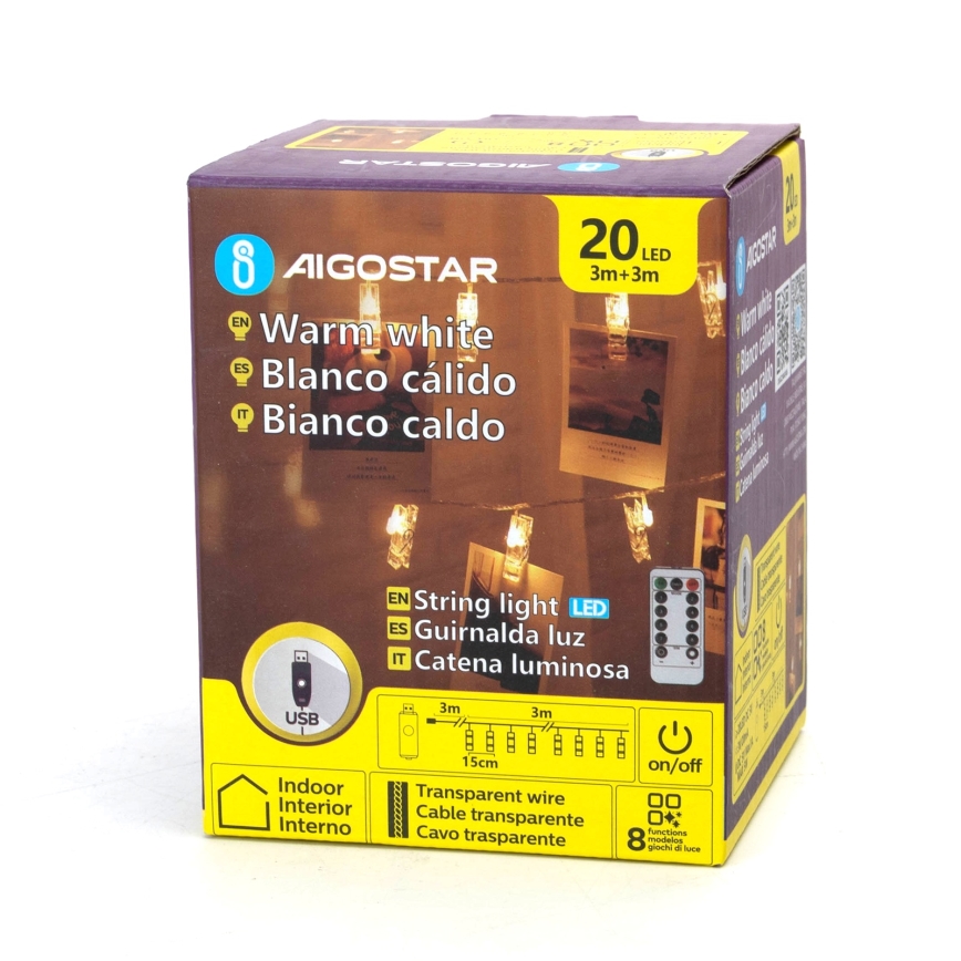 Aigostar - Cadena decorativa LED 20xLED/5W/USB 6 m blanco cálido