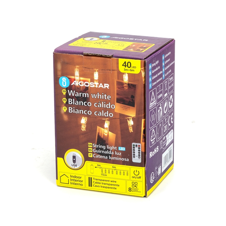 Aigostar - Cadena decorativa LED 40xLED/5W/USB 9 m blanco cálido