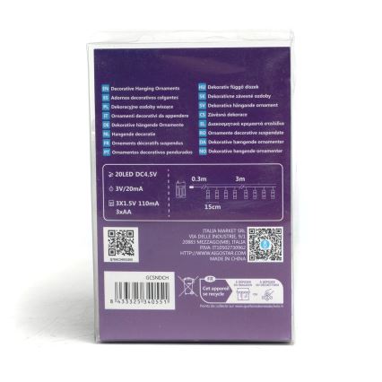 Aigostar - Cadena decorativa LED con pinzas 20xLED/3xAA 3,3m blanco cálido