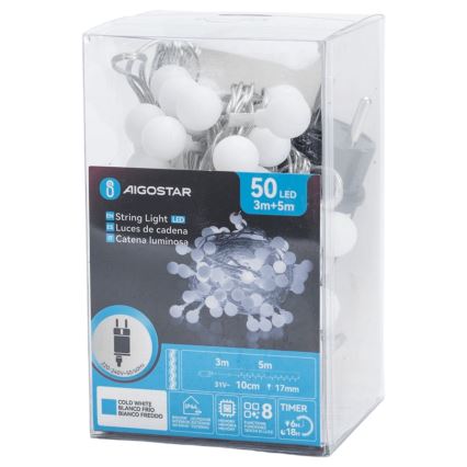 Aigostar - Guirnalda decorativa LED para exterior 50xLED/8 funciones 5 m IP44 blanco frío