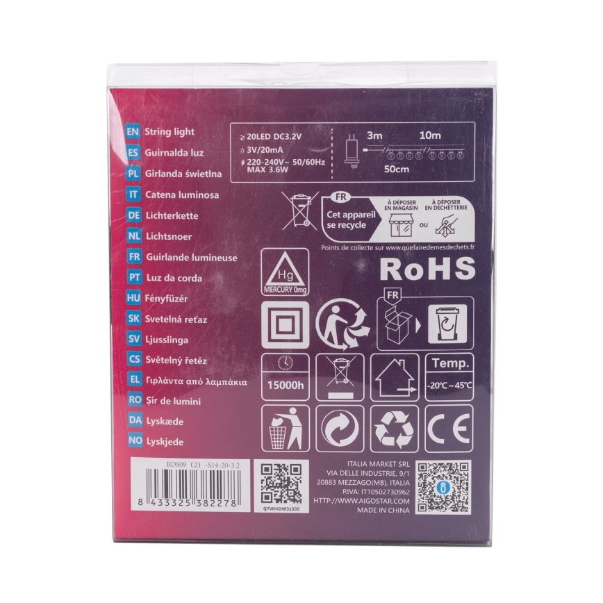 Aigostar - Cadena decorativa LED para exterior 20xLED/13m IP44, blanco frío