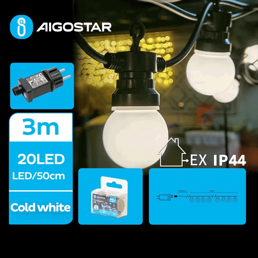 Aigostar - Cadena decorativa LED para exterior 20xLED/3m IP44 blanco frío