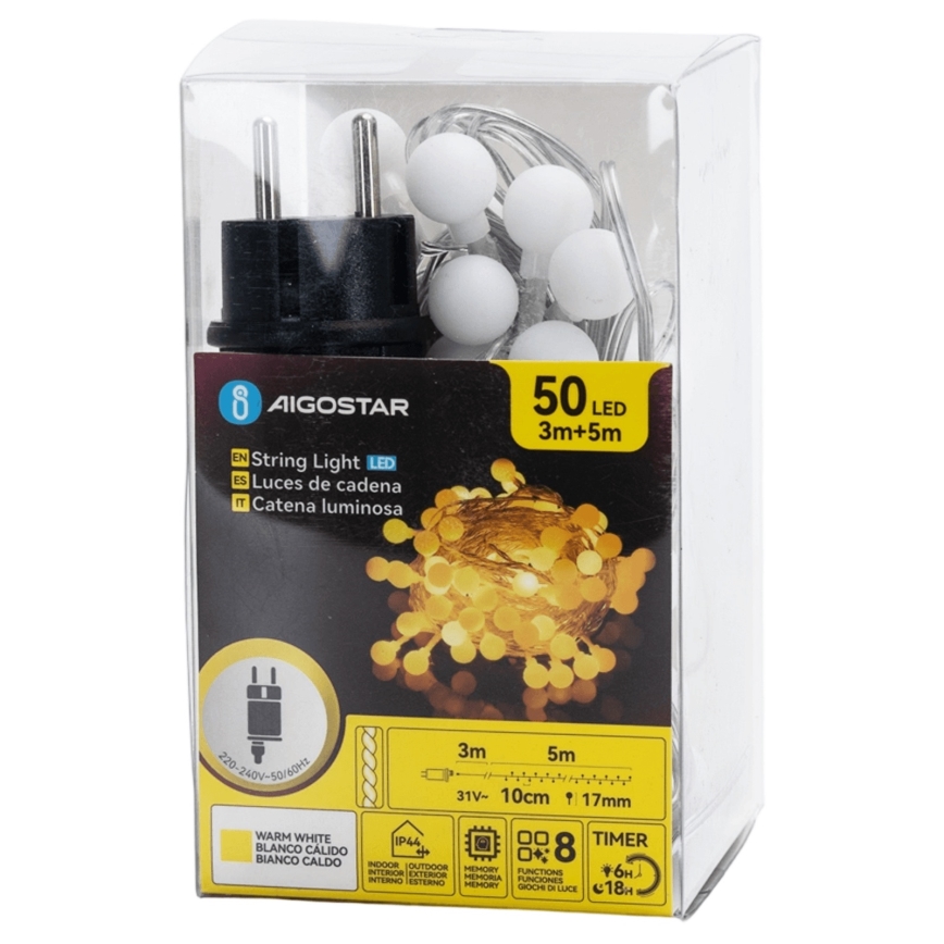 Aigostar - Cadena decorativa LED para exterior 50 LEDs/8 funciones 5 m IP44 blanco cálido