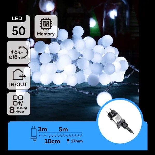 Aigostar - Cadena decorativa LED para exterior 50xLED/8 funciones 5 m IP44 blanco frío