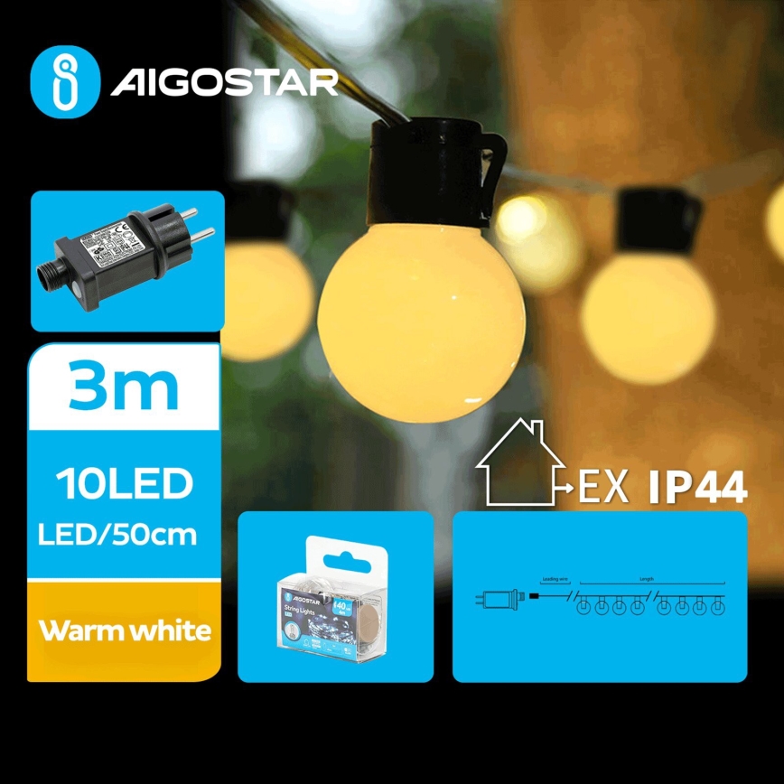Aigostar - Cadena decorativa LED para exteriores 10xLED/3m IP44 blanco cálido
