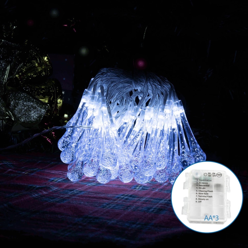 Aigostar - Cadena decorativa LED para exteriores 50xLED/8 funciones/3xAA 5,3m IP44 blanco frío