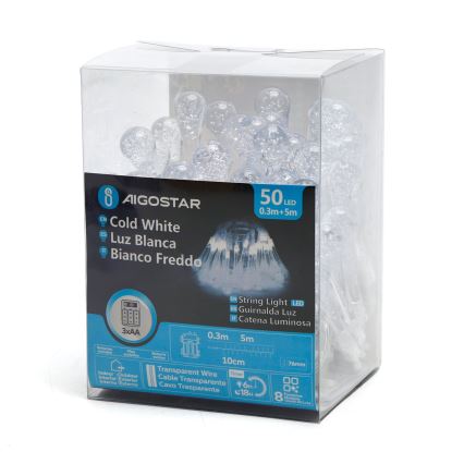 Aigostar - Cadena decorativa LED para exteriores 50xLED/8 funciones/3xAA 5,3m IP44 blanco frío