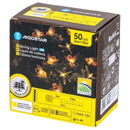 Aigostar - Guirnalda solar LED decorativa 50 LEDs/8 funciones 10 m 800 mAh IP65 blanco cálido