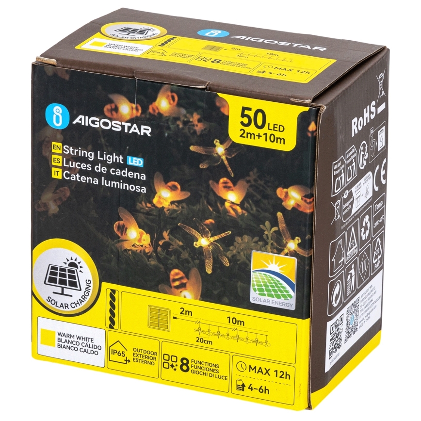 Aigostar - Guirnalda solar LED decorativa 50 LEDs/8 funciones 10 m 800 mAh IP65 blanco cálido