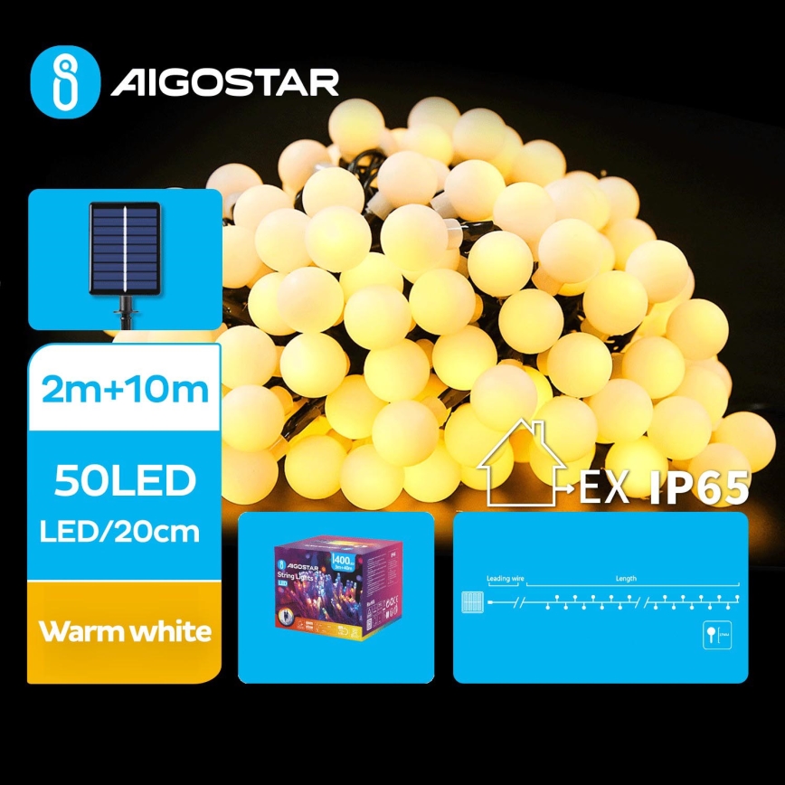 Aigostar - Cadena decorativa solar LED 50xLED/8 funciones 12m 800 mAh IP65 blanco cálido