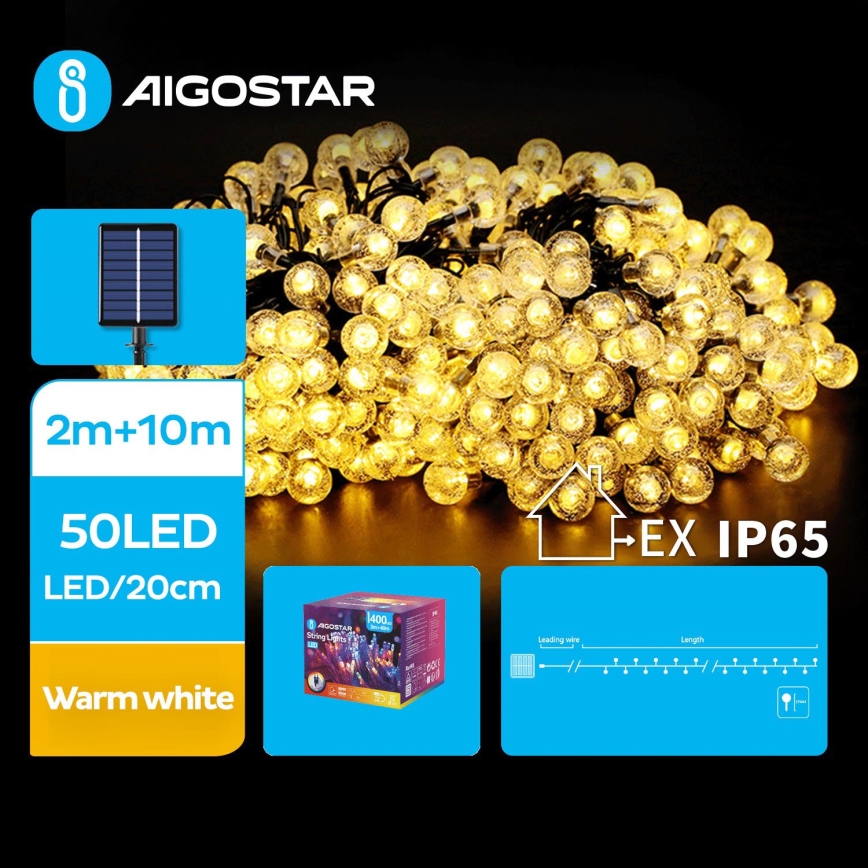Aigostar - Cadena decorativa solar LED 50xLED/8 funciones 12m 800 mAh IP65 blanco cálido