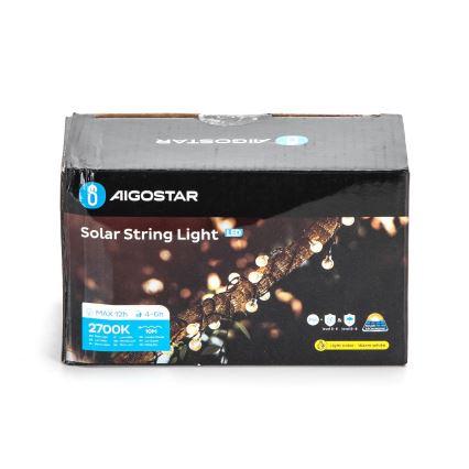 Aigostar - Cadena decorativa solar LED 50xLED/8 funciones 12m IP65 800 mAh blanco cálido