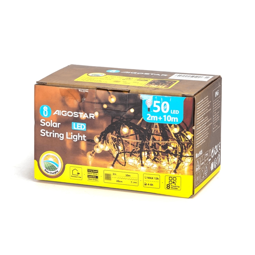 Aigostar - Cadena decorativa solar LED 50xLED/8 funciones 12m 800 mAh IP65 blanco cálido