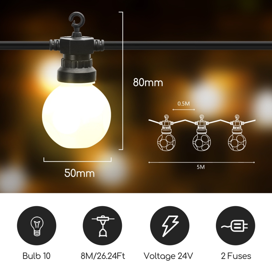 Aigostar - Cadena LED decorativa para exteriores 10xLED/8m IP44 blanco cálido