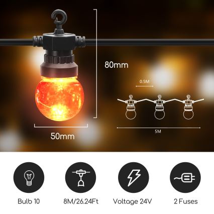 Aigostar - Cadena LED decorativa para exteriores 10xLED/8m IP44 blanco cálido