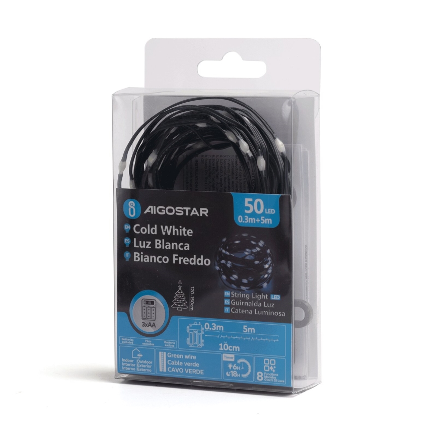 Aigostar - Cadena de luces LED para exterior 50xLED/8 funciones 3xAA 5,3m IP44 blanco frío