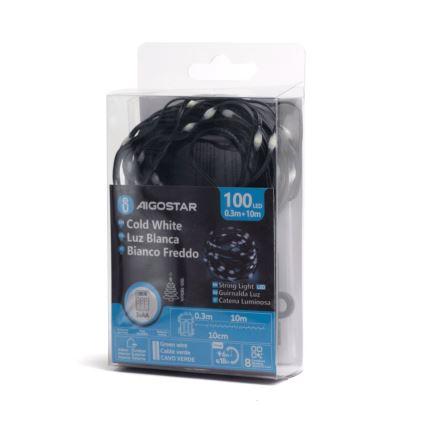 Aigostar - Cadena LED navideña exterior 100xLED/8 funciones/3xAA 10,3m IP44 blanco frío