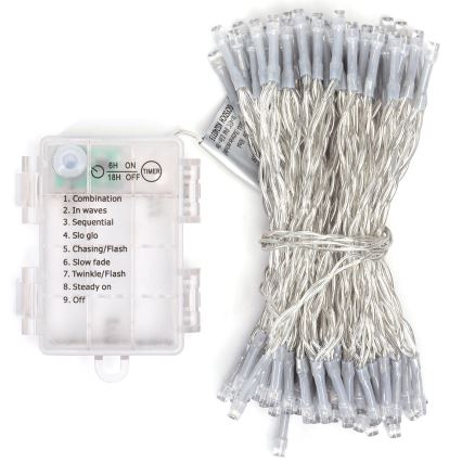 Aigostar - Cadena LED navideña exterior 100xLED/8 funciones/3xAA 10,3m IP44 blanco frío