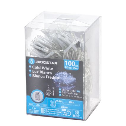 Aigostar - Cadena LED navideña exterior 100xLED/8 funciones/3xAA 10,3m IP44 blanco frío