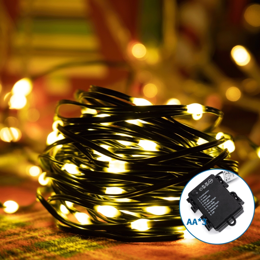 Aigostar - Cadena LED navideña exterior 100xLED/8 funciones 3xAA 10,3m IP44 blanco cálido