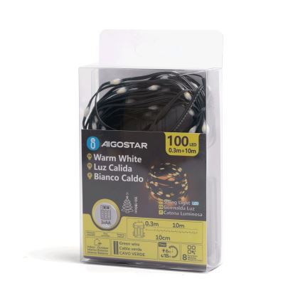 Aigostar - Cadena LED navideña exterior 100xLED/8 funciones 3xAA 10,3m IP44 blanco cálido