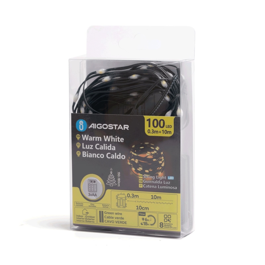 Aigostar - Cadena LED navideña exterior 100xLED/8 funciones 3xAA 10,3m IP44 blanco cálido