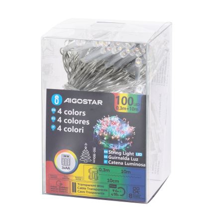 Aigostar - Cadena LED navideña exterior 100xLED/8 funciones 3xAA 10,3m IP44 multicolor