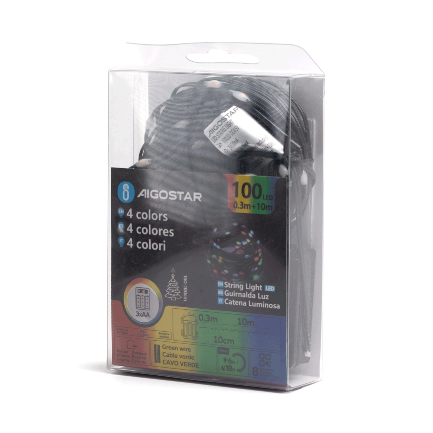Aigostar - Cadena LED navideña exterior 100xLED/8 funciones 3xAA 10,3m IP44 multicolor