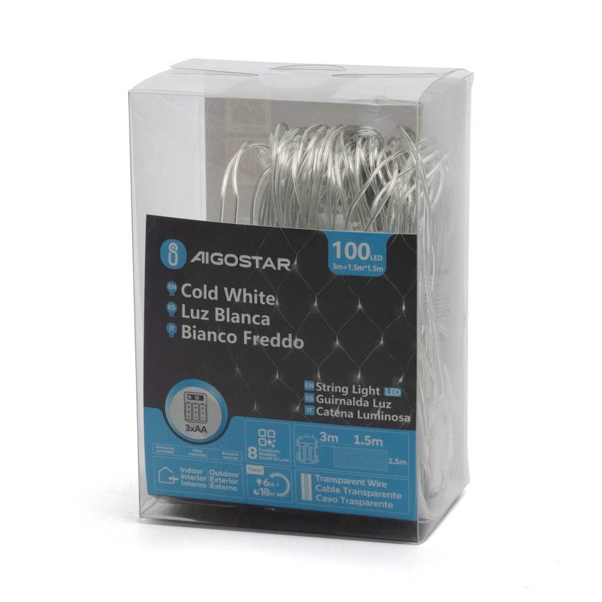 Aigostar - Cadena LED navideña exterior 100xLED/8 funciones/3xAA 4,5x1,5m IP44 blanco frío