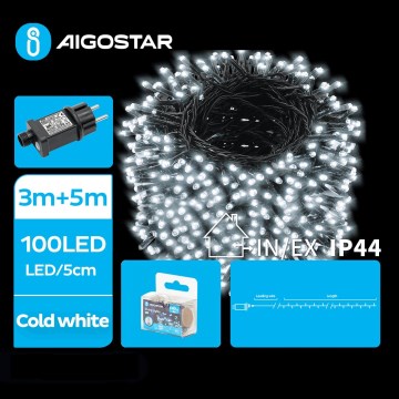 Aigostar - Cadena LED navideña exterior 100xLED/8 funciones 8m IP44 blanco frío